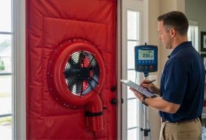 HVAC technician performing a blower door test to measure home air leakage.